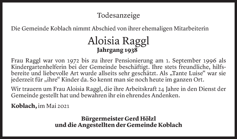  Todesanzeige für Aloisia Raggl vom 17.05.2021 aus Vorarlberger Nachrichten