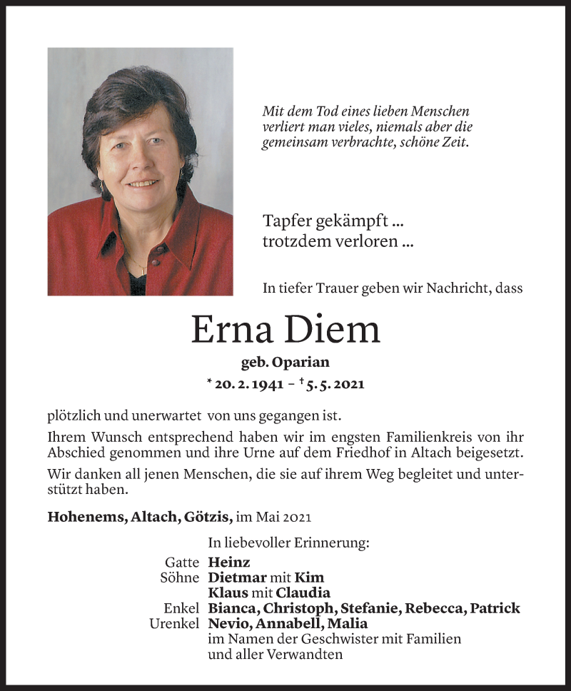  Todesanzeige für Erna Diem vom 19.05.2021 aus Vorarlberger Nachrichten