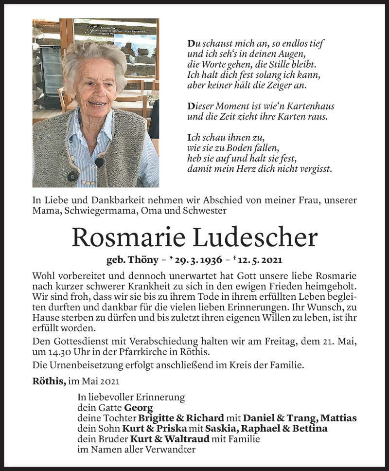  Todesanzeige für Rosmarie Ludescher vom 18.05.2021 aus Vorarlberger Nachrichten