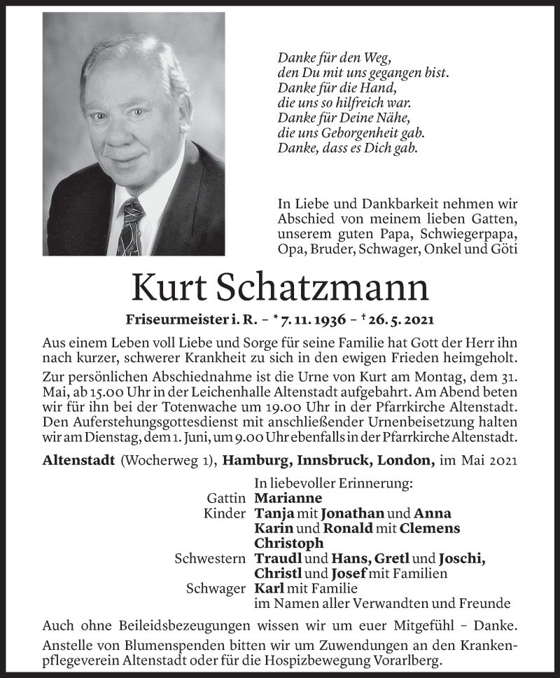  Todesanzeige für Kurt Schatzmann vom 29.05.2021 aus Vorarlberger Nachrichten