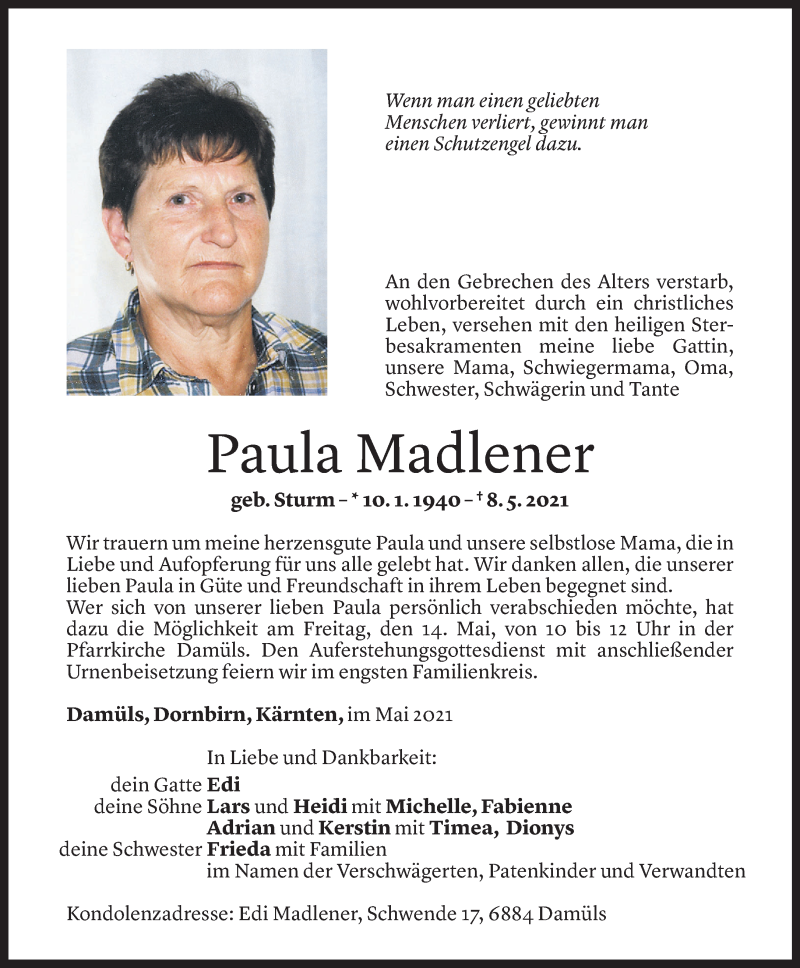  Todesanzeige für Paula Madlener vom 12.05.2021 aus Vorarlberger Nachrichten