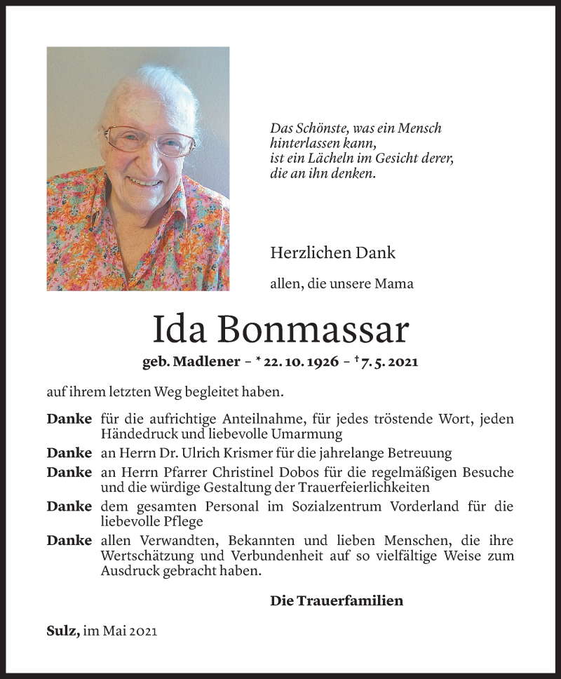  Todesanzeige für Ida Bonmassar vom 03.06.2021 aus vorarlberger nachrichten