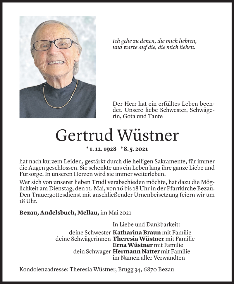  Todesanzeige für Gertrud Wüstner vom 09.05.2021 aus Vorarlberger Nachrichten