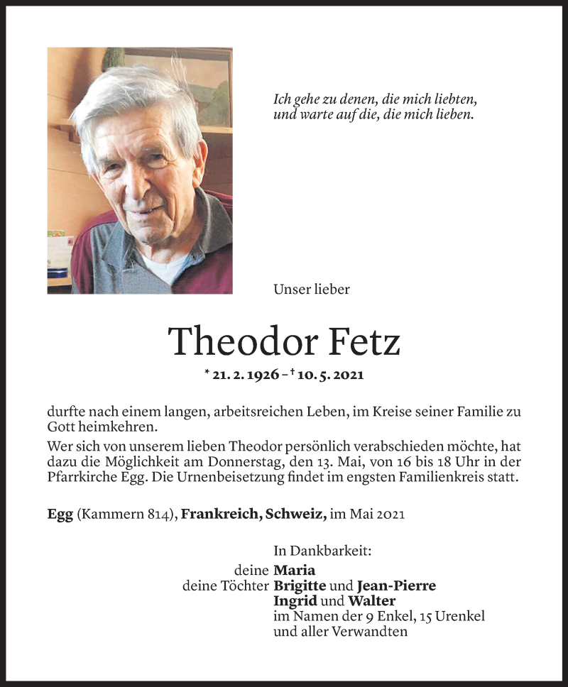  Todesanzeige für Theodor Fetz vom 11.05.2021 aus Vorarlberger Nachrichten