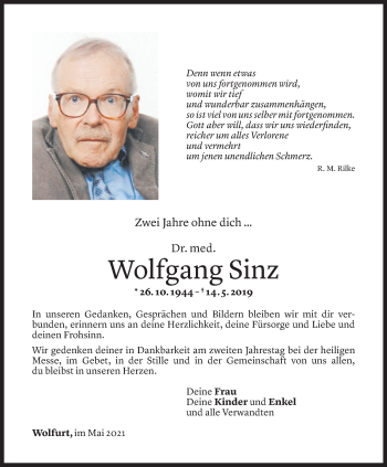 Todesanzeige von Wolfgang Sinz von Vorarlberger Nachrichten