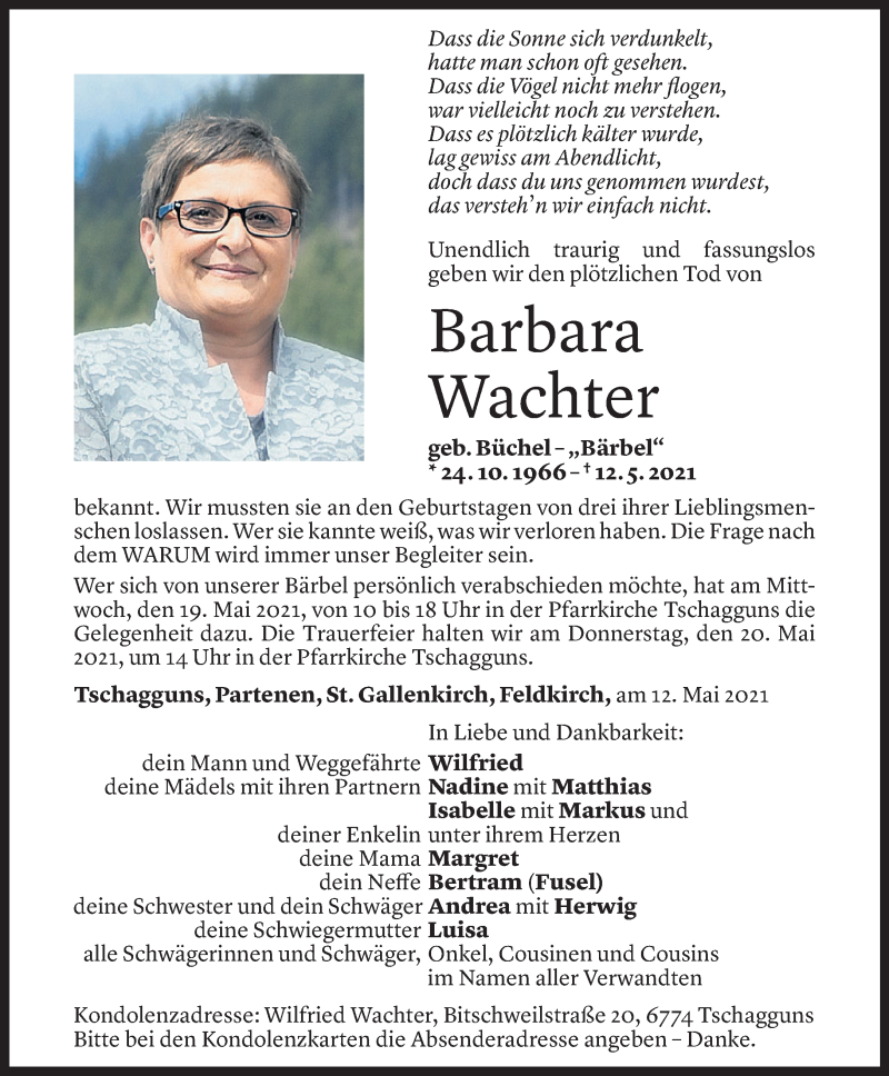  Todesanzeige für Barbara Wachter vom 14.04.2021 aus Vorarlberger Nachrichten