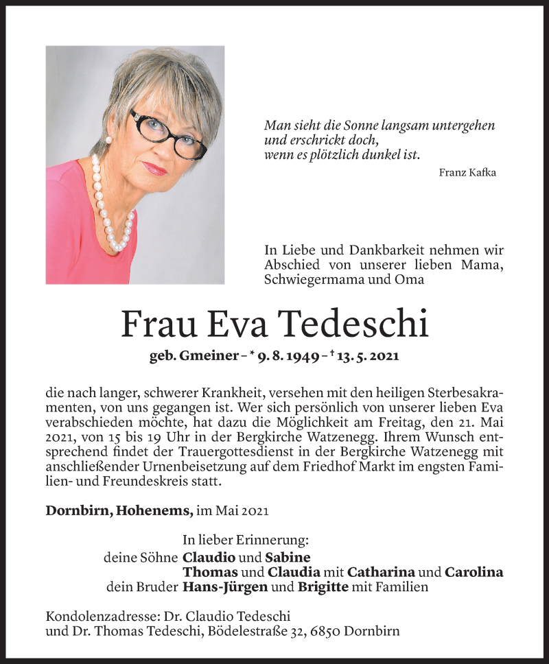  Todesanzeige für Eva Tedeschi vom 15.05.2021 aus Vorarlberger Nachrichten