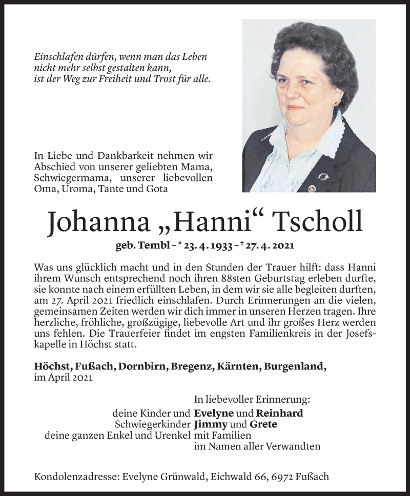  Todesanzeige für Johanna Tscholl vom 05.05.2021 aus Vorarlberger Nachrichten