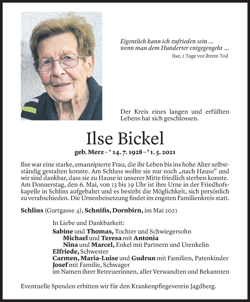  Todesanzeige für Ilse Bickel vom 05.05.2021 aus Vorarlberger Nachrichten