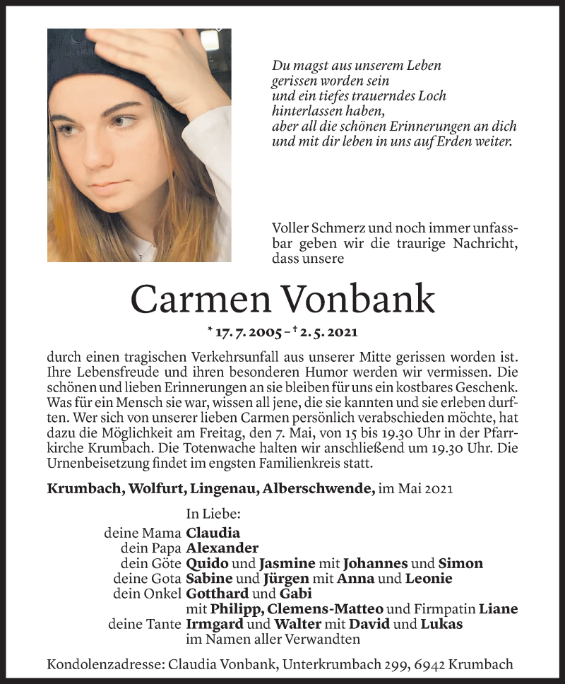  Todesanzeige für Carmen Vonbank vom 05.05.2021 aus Vorarlberger Nachrichten