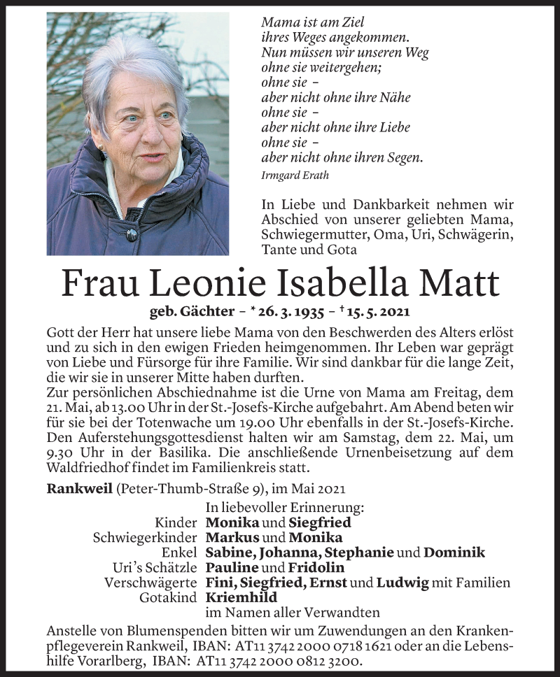  Todesanzeige für Leonie Isabella Matt vom 19.05.2021 aus Vorarlberger Nachrichten
