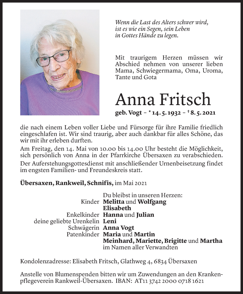  Todesanzeige für Anna Fritsch vom 12.05.2021 aus Vorarlberger Nachrichten