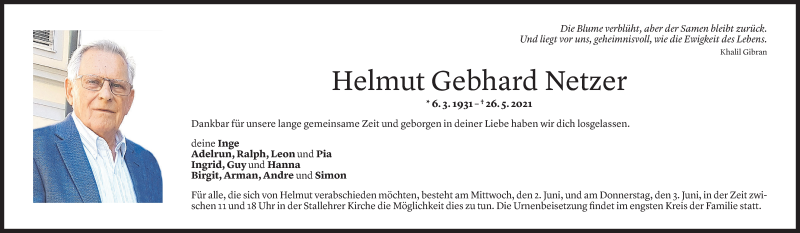  Todesanzeige für Helmut Netzer vom 29.05.2021 aus Vorarlberger Nachrichten