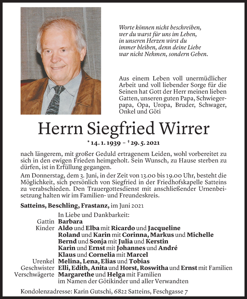  Todesanzeige für Siegfried Wirrer vom 01.05.2021 aus Vorarlberger Nachrichten