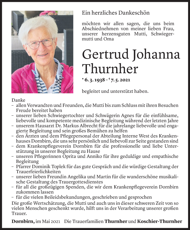  Todesanzeige für Gertrud Johanna Thurnher vom 26.05.2021 aus Vorarlberger Nachrichten