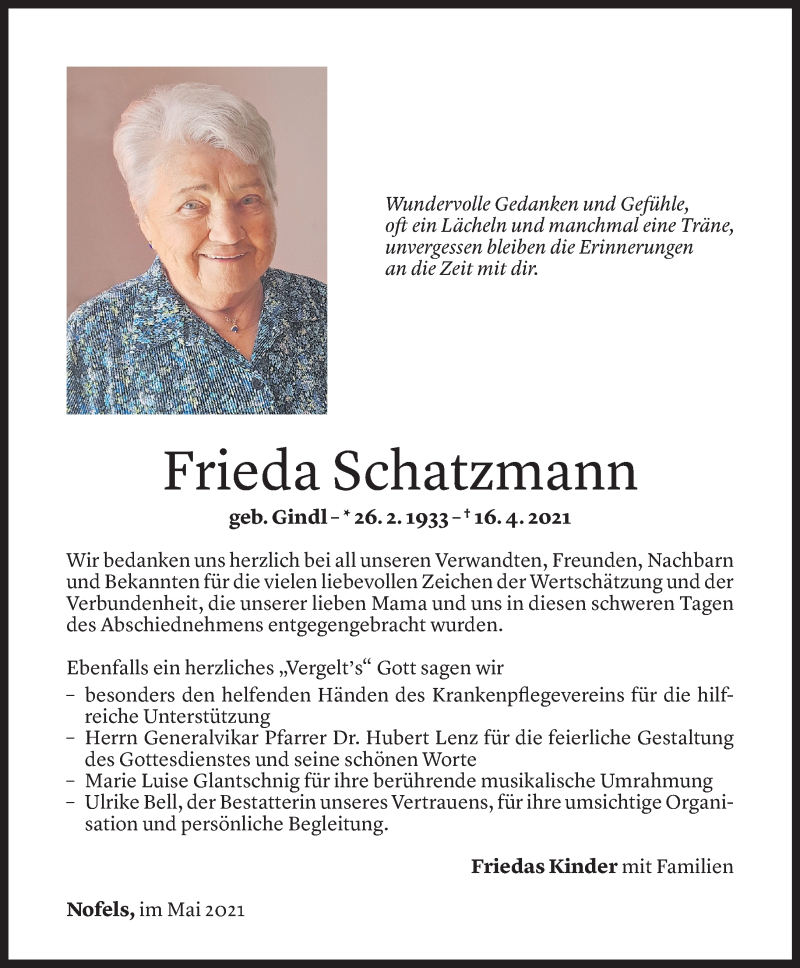  Todesanzeige für Frieda Schatzmann vom 11.05.2021 aus Vorarlberger Nachrichten