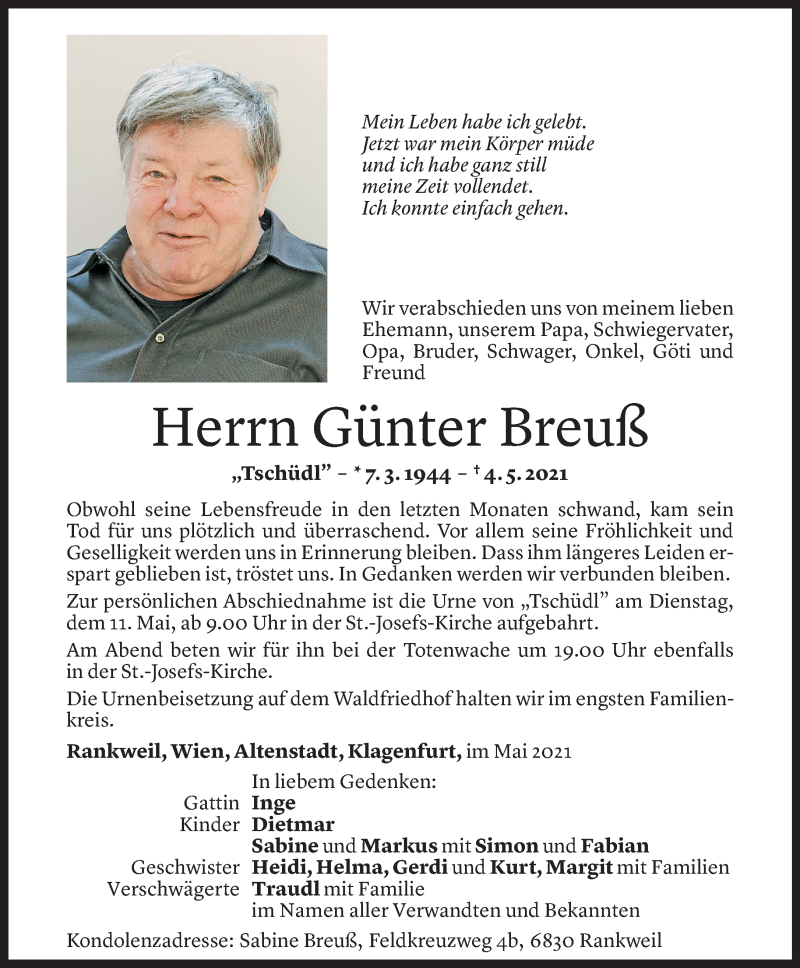  Todesanzeige für Günter Breuß vom 08.05.2021 aus Vorarlberger Nachrichten