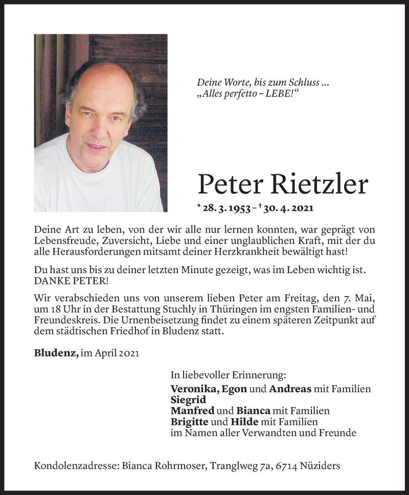  Todesanzeige für Peter Rietzler vom 04.05.2021 aus Vorarlberger Nachrichten
