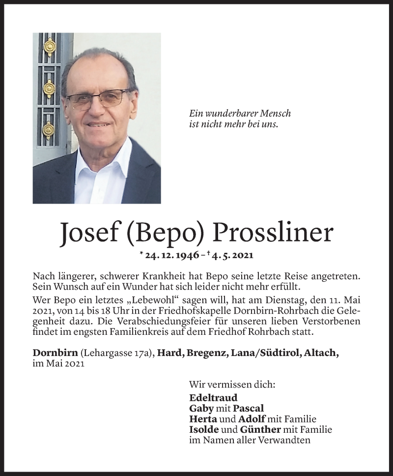  Todesanzeige für Josef Prossliner vom 07.05.2021 aus Vorarlberger Nachrichten