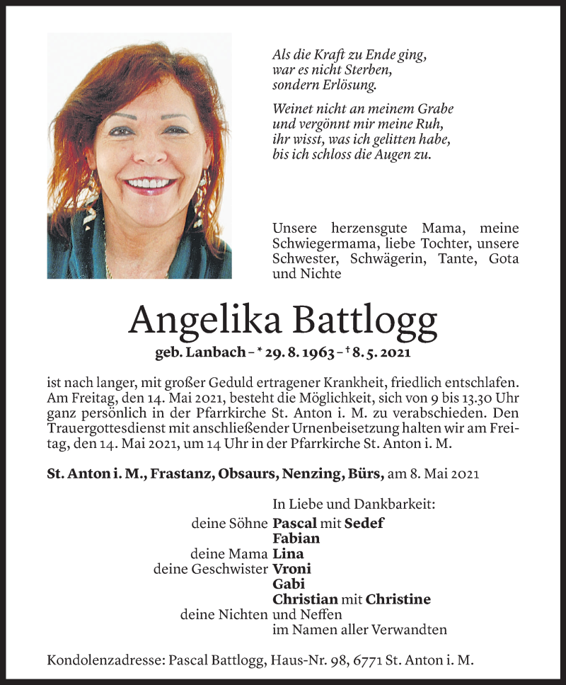  Todesanzeige für Angelika Battlogg vom 10.05.2021 aus Vorarlberger Nachrichten