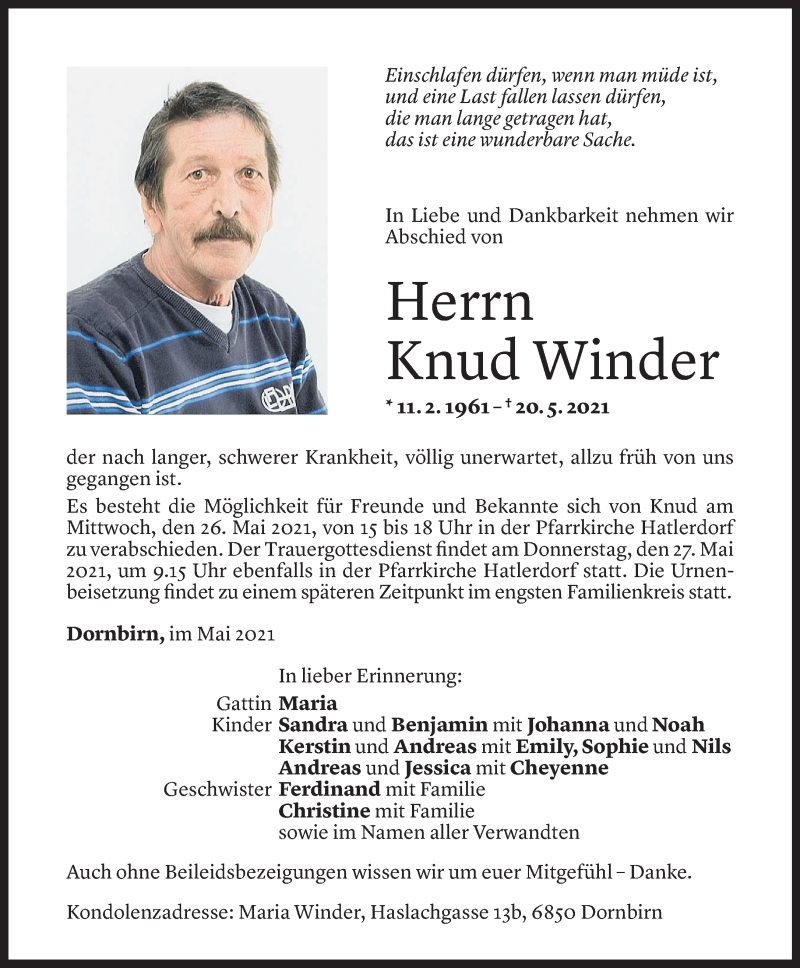  Todesanzeige für Knud Winder vom 24.05.2021 aus Vorarlberger Nachrichten