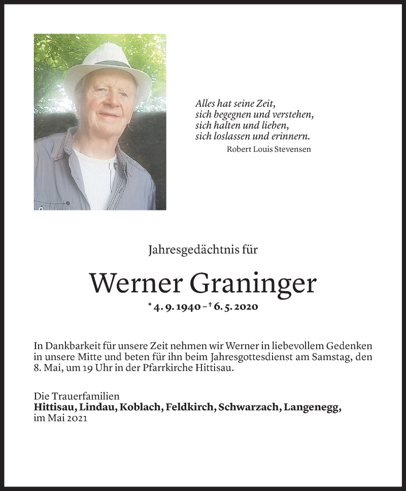  Todesanzeige für Werner Graninger vom 05.05.2021 aus Vorarlberger Nachrichten
