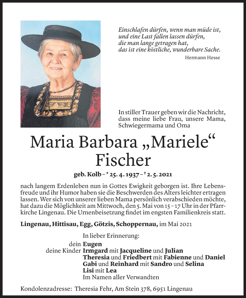  Todesanzeige für Maria Barbara Fischer vom 02.05.2021 aus Vorarlberger Nachrichten