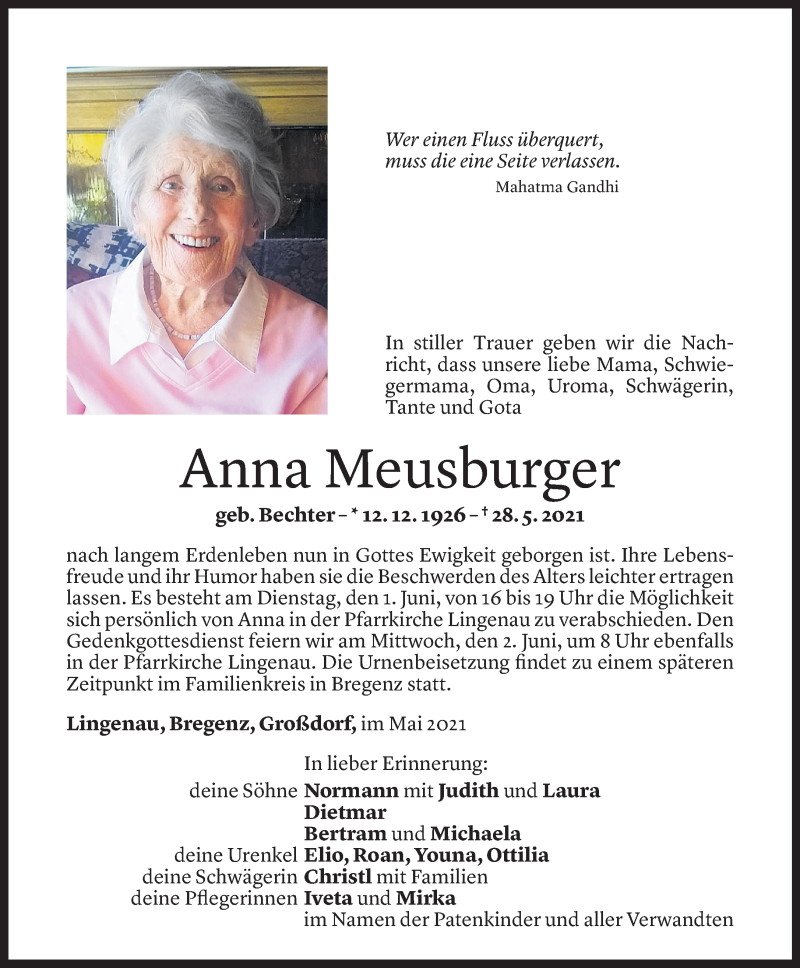  Todesanzeige für Anna Meusburger vom 30.05.2021 aus Vorarlberger Nachrichten