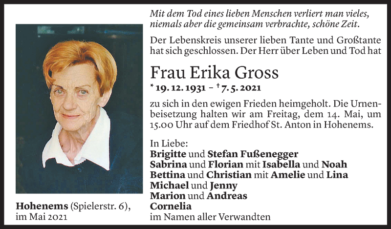  Todesanzeige für Erika Gross vom 12.05.2021 aus Vorarlberger Nachrichten