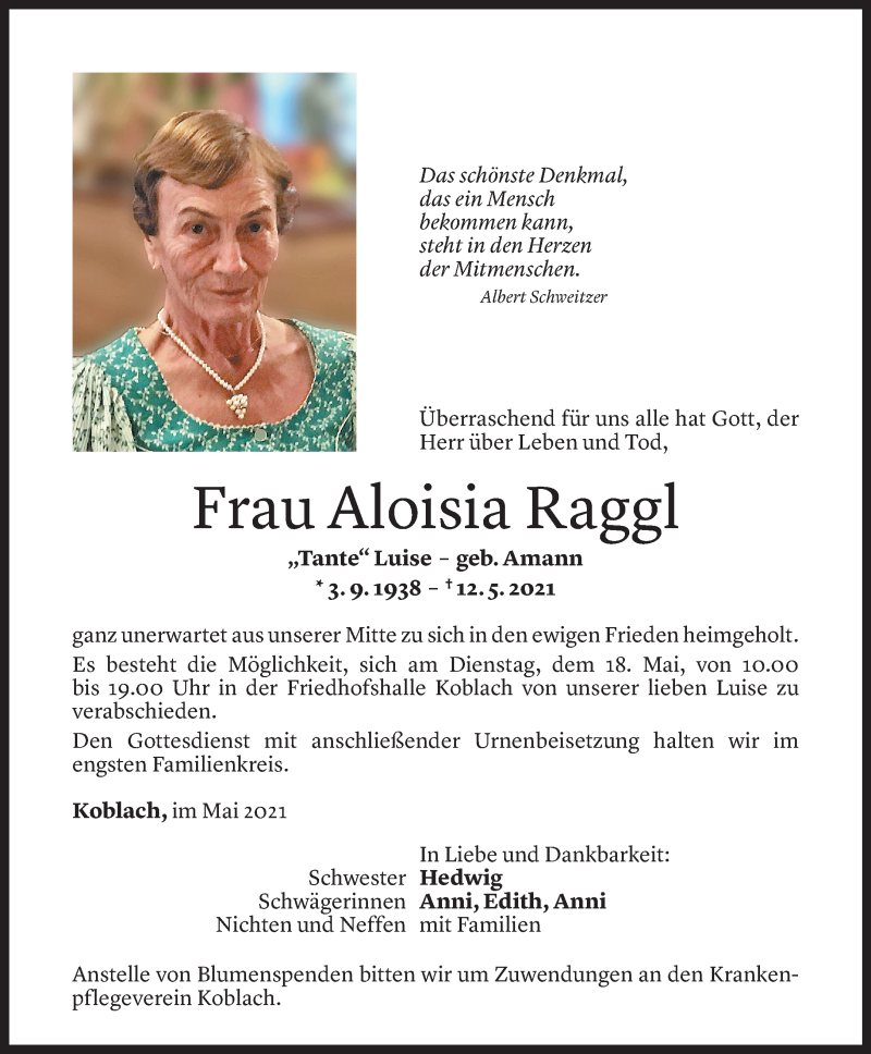  Todesanzeige für Aloisia Raggl vom 17.05.2021 aus Vorarlberger Nachrichten