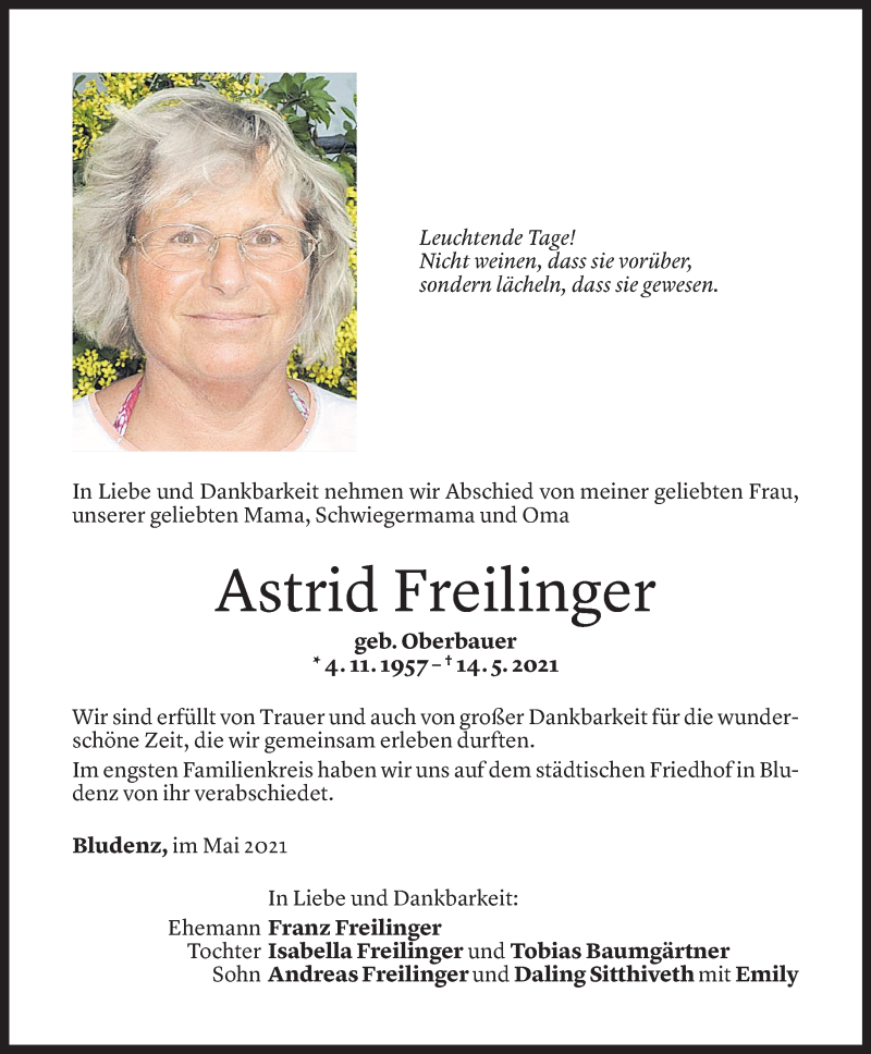  Todesanzeige für Astrid Freilinger vom 26.05.2021 aus Vorarlberger Nachrichten