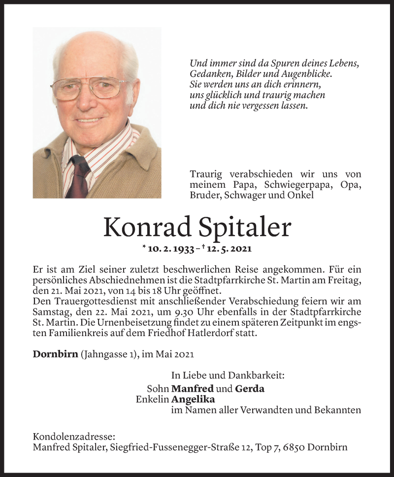  Todesanzeige für Konrad Spitaler vom 18.05.2021 aus Vorarlberger Nachrichten
