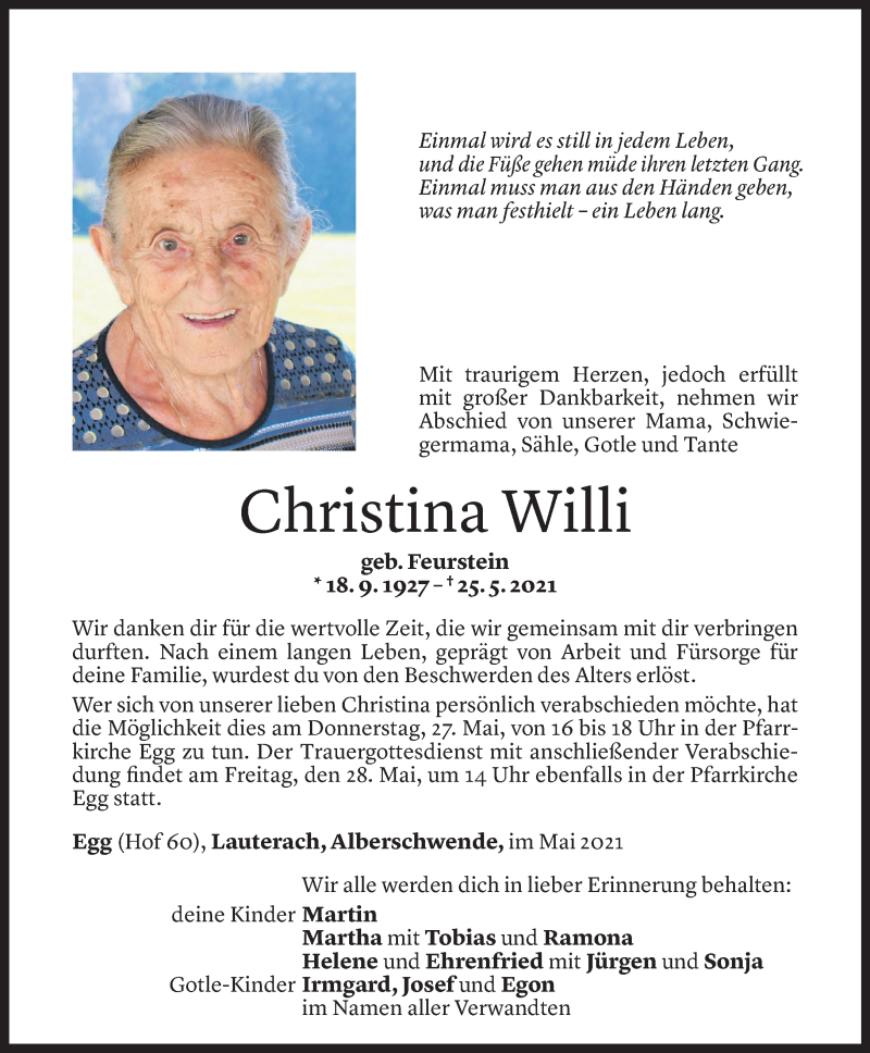  Todesanzeige für Christina Willi vom 26.05.2021 aus Vorarlberger Nachrichten