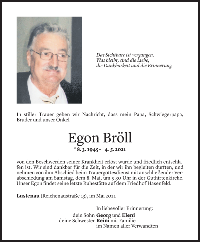  Todesanzeige für Egon Bröll vom 05.05.2021 aus Vorarlberger Nachrichten