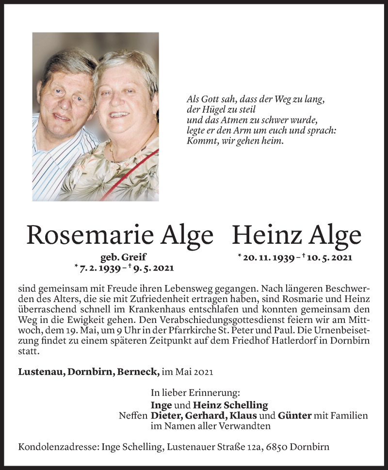  Todesanzeige für Rosemarie Alge vom 17.05.2021 aus Vorarlberger Nachrichten