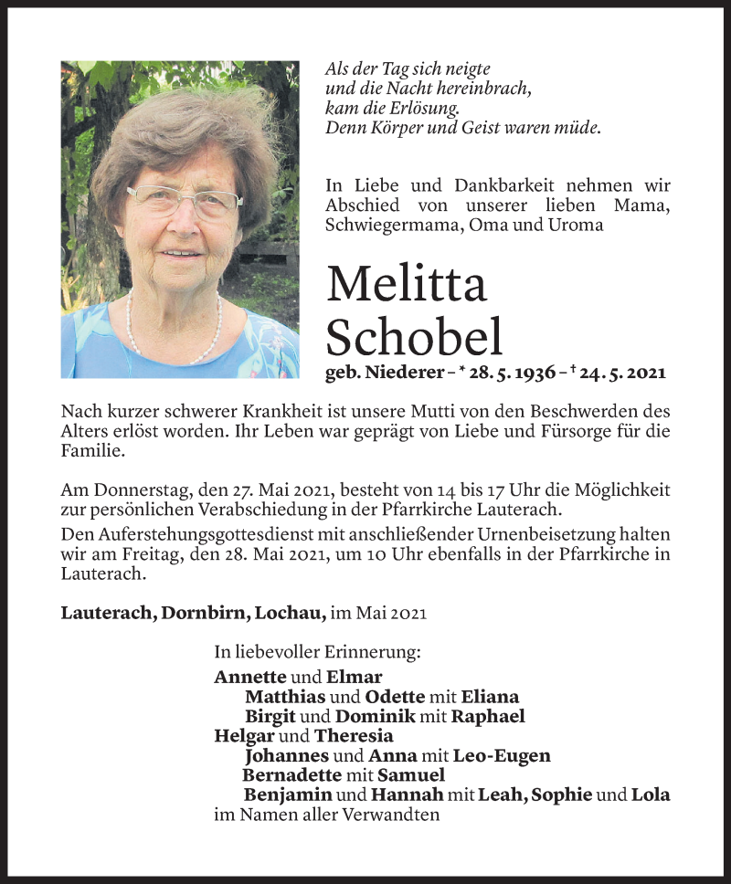  Todesanzeige für Melitta Schobel vom 26.05.2021 aus Vorarlberger Nachrichten