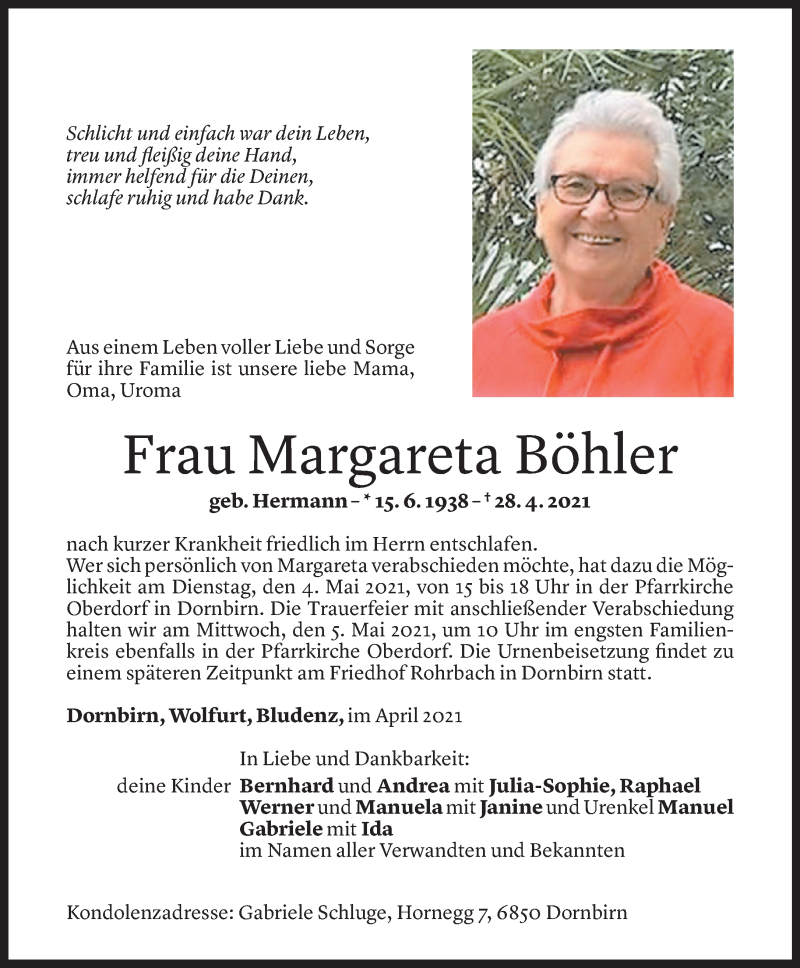  Todesanzeige für Margareta Böhler vom 03.05.2021 aus Vorarlberger Nachrichten