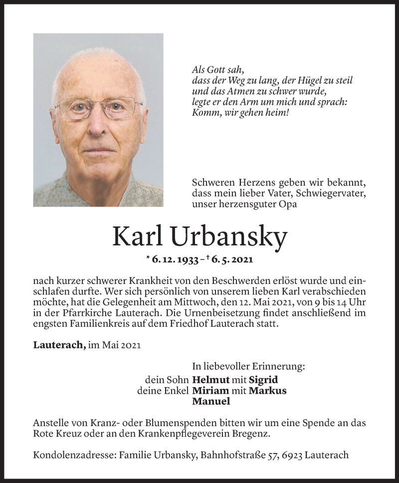  Todesanzeige für Karl Urbansky vom 09.05.2021 aus Vorarlberger Nachrichten