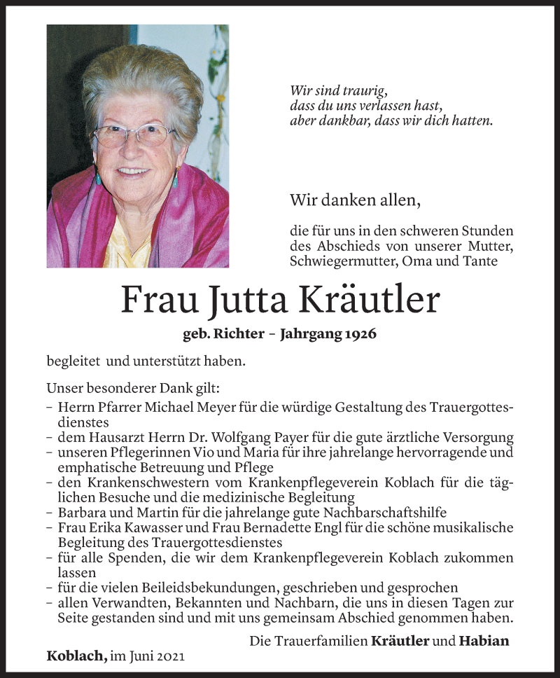  Todesanzeige für Jutta Kräutler vom 03.05.2021 aus vorarlberger nachrichten