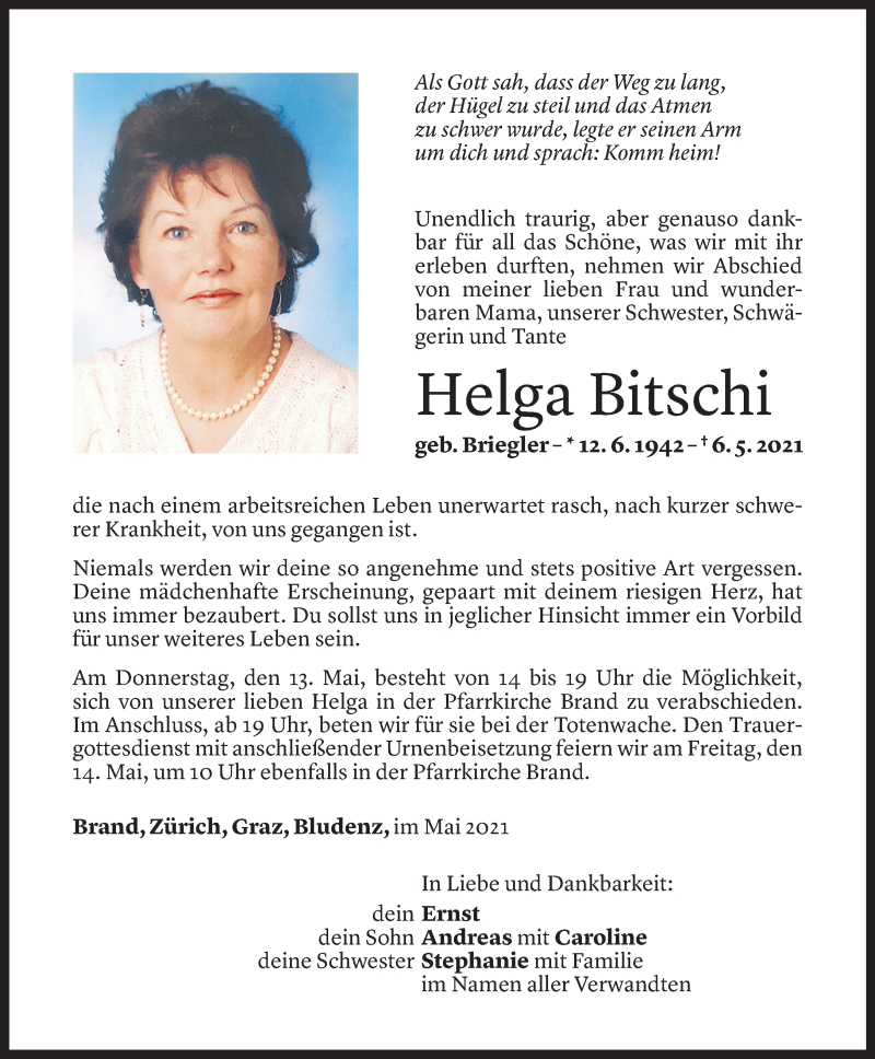  Todesanzeige für Helga Bitschi vom 11.05.2021 aus Vorarlberger Nachrichten