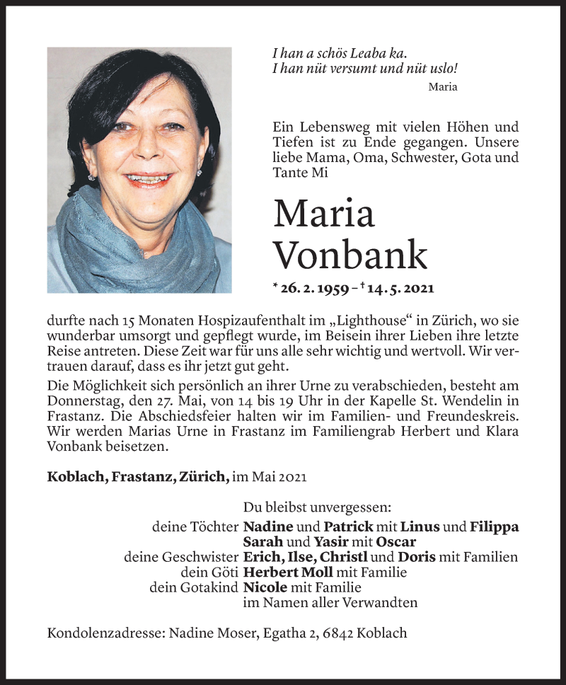 Todesanzeige für Maria Vonbank vom 24.05.2021 aus Vorarlberger Nachrichten