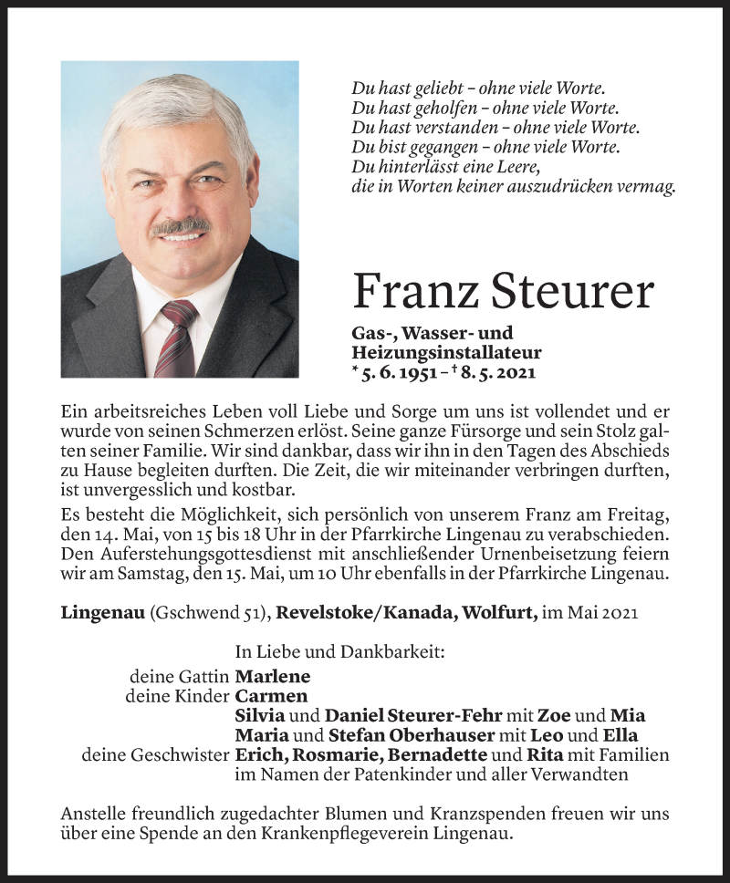  Todesanzeige für Franz Steurer vom 12.05.2021 aus Vorarlberger Nachrichten
