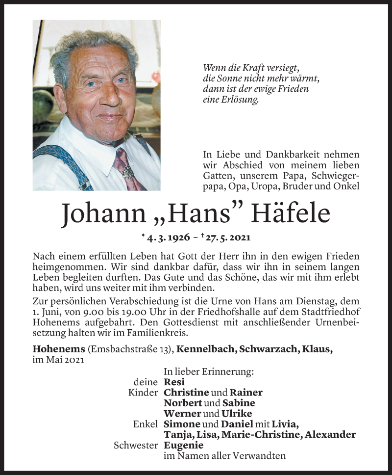  Todesanzeige für Johann Häfele vom 29.05.2021 aus Vorarlberger Nachrichten