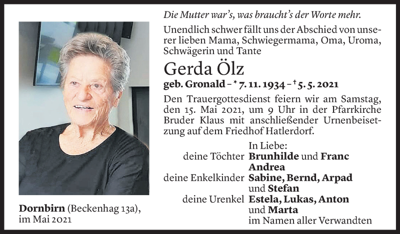 Todesanzeige für Gerda Ölz vom 10.05.2021 aus Vorarlberger Nachrichten
