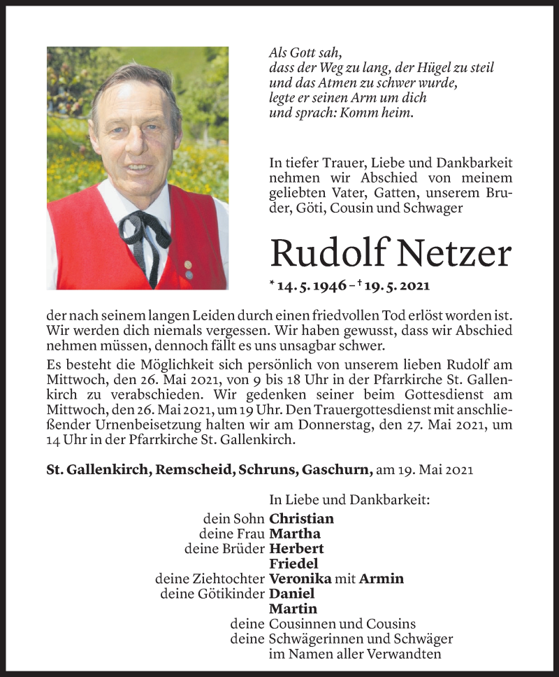  Todesanzeige für Rudolf Netzer vom 21.05.2021 aus Vorarlberger Nachrichten