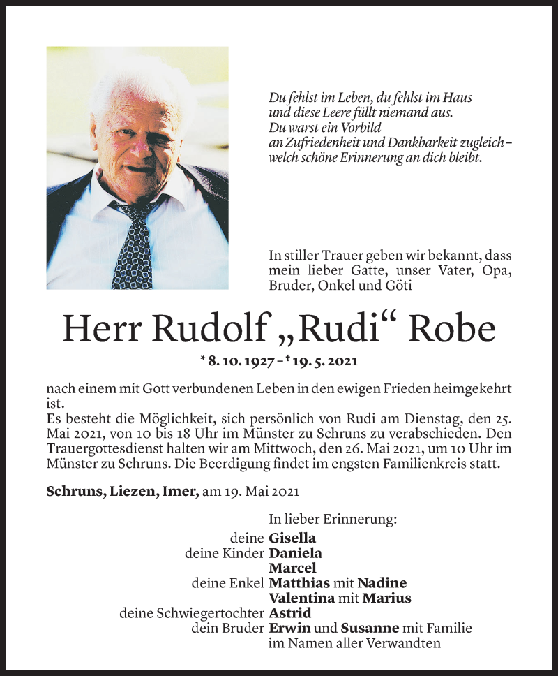  Todesanzeige für Rudolf Robe vom 22.05.2021 aus Vorarlberger Nachrichten