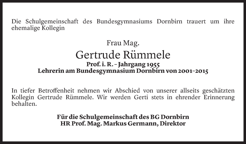  Todesanzeige für Gertrude Rümmele vom 05.05.2021 aus Vorarlberger Nachrichten