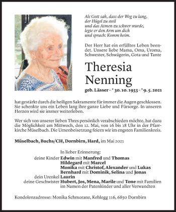 Todesanzeige von Theresia Nenning von Vorarlberger Nachrichten