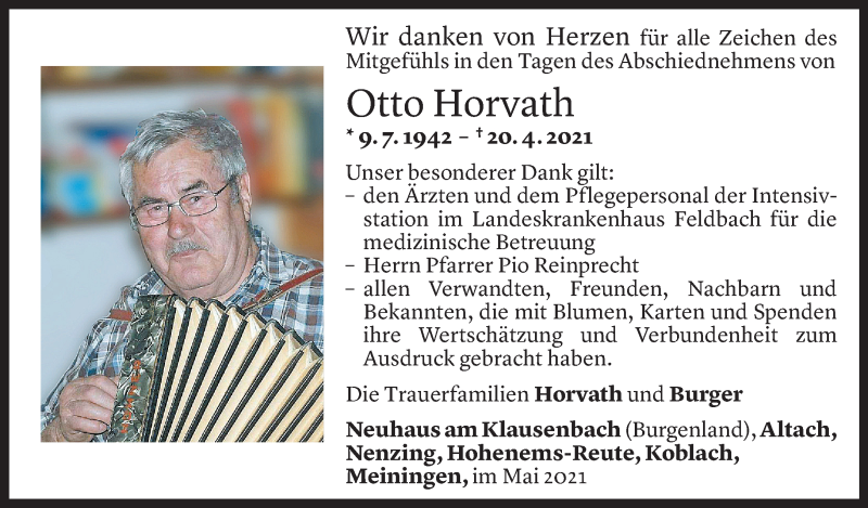  Todesanzeige für Otto Horvath vom 15.05.2021 aus vorarlberger nachrichten
