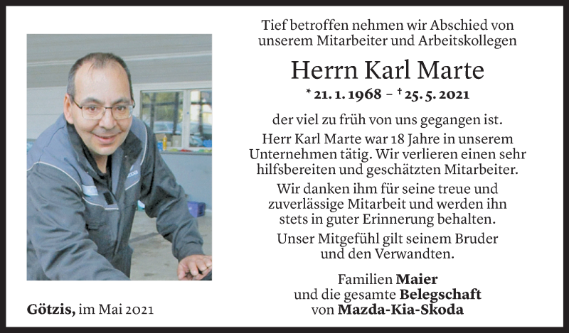  Todesanzeige für Karl Erwin Marte vom 29.05.2021 aus Vorarlberger Nachrichten